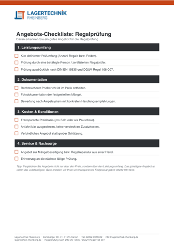 Angebots-Checkliste Regalprüfung (PDF) – Vorschau